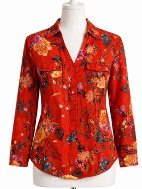 Cotton Daisy Red/Floral Print, V-Neck, 3/4 Button Down Blouse- S
